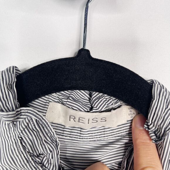 Reiss US 2 Black White Pinstripe Ruffle Mock Neck Long Sleeve Blouse Top Cotton - Picture 8 of 11